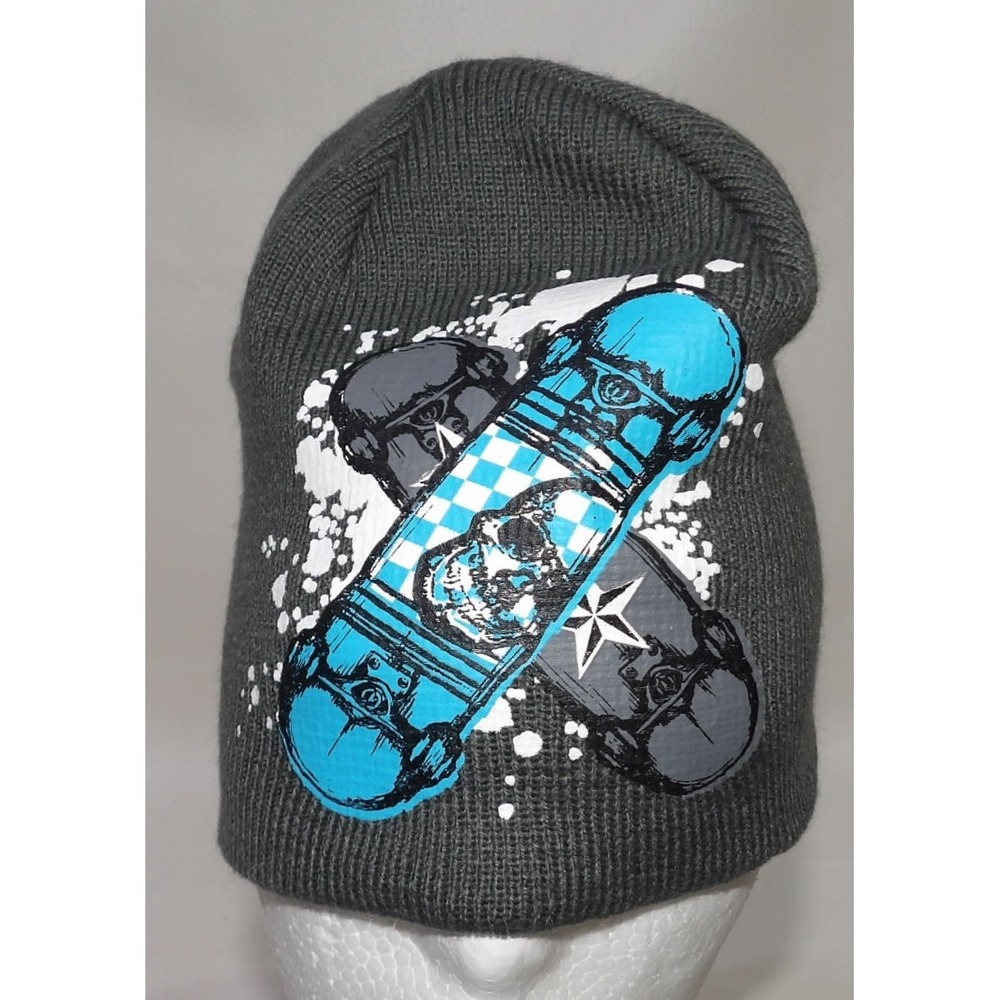 Grey Skateboard Skull Graphic Beanie Knit Hat Skater Streetwear One Size